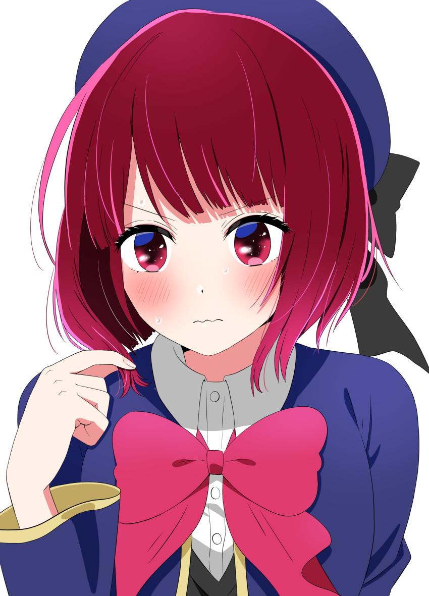 1girl absurdres arima_kana beret black_bow black_vest blue_headwear blue_jacket blush bob_cut bow bowtie collared_shirt commentary hair_twirling hat hat_bow highres inverted_bob jacket long_sleeves looking_at_viewer nervous no_pupils oshi_no_ko pink_bow pink_bowtie raid_(minmiru) red_eyes redhead school_uniform shirt short_hair simple_background solo sweat vest wavy_mouth white_background white_shirt youtou_high_school_uniform