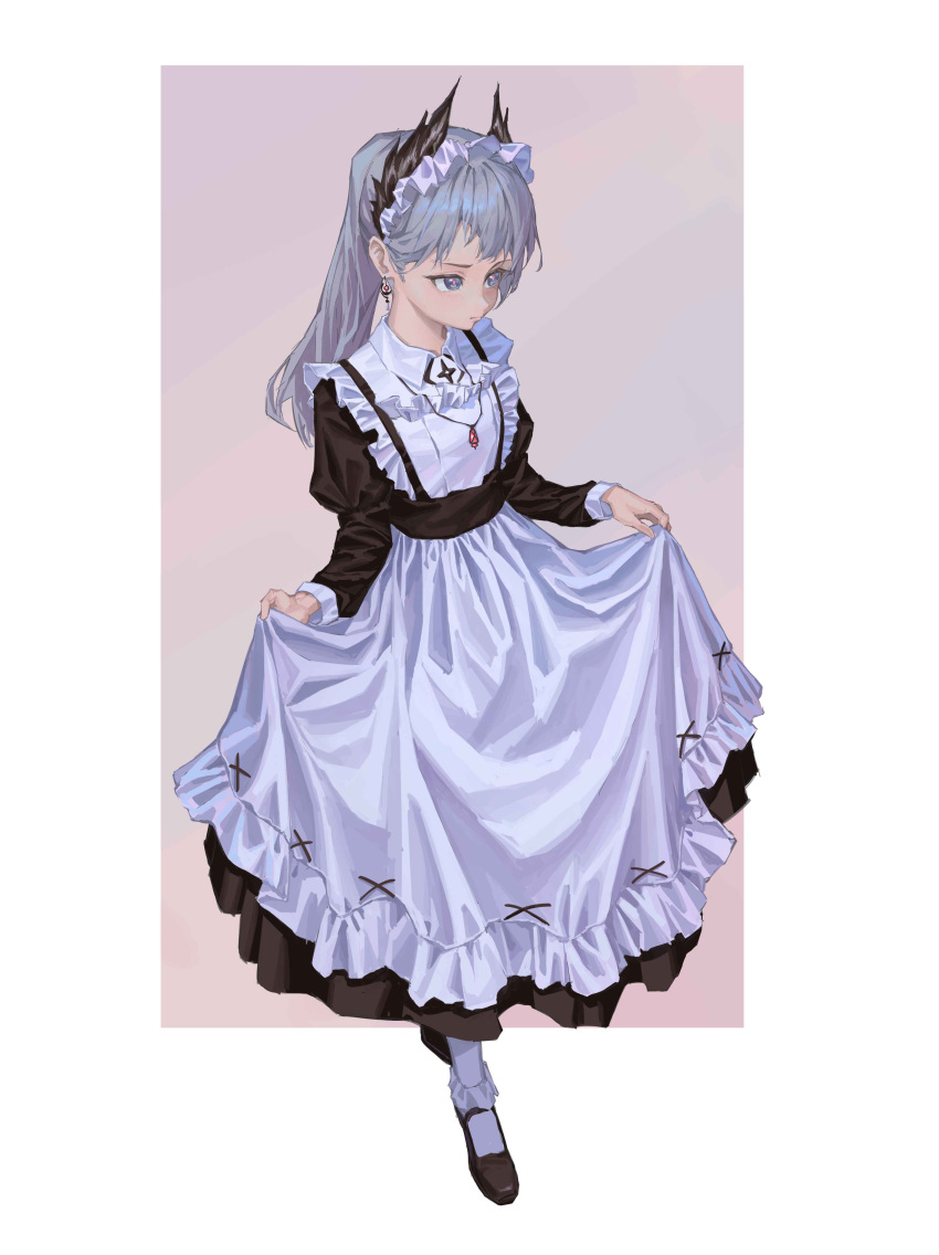 1girl absurdres ambience_synesthesia apron arknights bingdongluofeiyu black_dress black_footwear closed_mouth commentary_request dress frilled_apron frills full_body grey_background grey_eyes grey_hair highres irene_(arknights) juliet_sleeves long_hair long_sleeves looking_away maid pantyhose ponytail puffy_sleeves shoes skirt_hold solo two-tone_background waist_apron white_apron white_background white_pantyhose