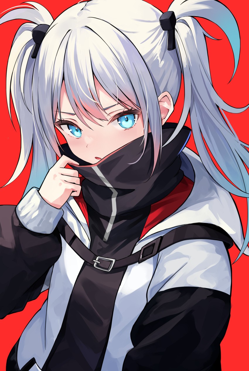 1girl absurdres black_jacket blue_eyes collar_tug commentary_request cube_hair_ornament hair_between_eyes hair_ornament hand_up high_collar highres jacket lisu long_hair long_sleeves original parted_lips puffy_long_sleeves puffy_sleeves red_background simple_background sleeves_past_wrists solo twintails upper_body v-shaped_eyebrows white_hair