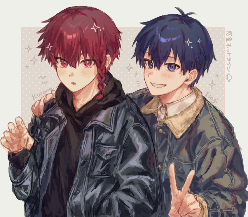 2boys ahoge black_hoodie black_jacket blue_eyes blue_hair blue_lock braid collared_shirt commentary_request grin hand_up highres hood hood_down hoodie isagi_yoichi jacket kshima_mo369 kurona_ranze looking_at_viewer male_focus multiple_boys open_hand red_eyes redhead shirt short_hair single_braid smile teeth upper_body v white_background white_shirt