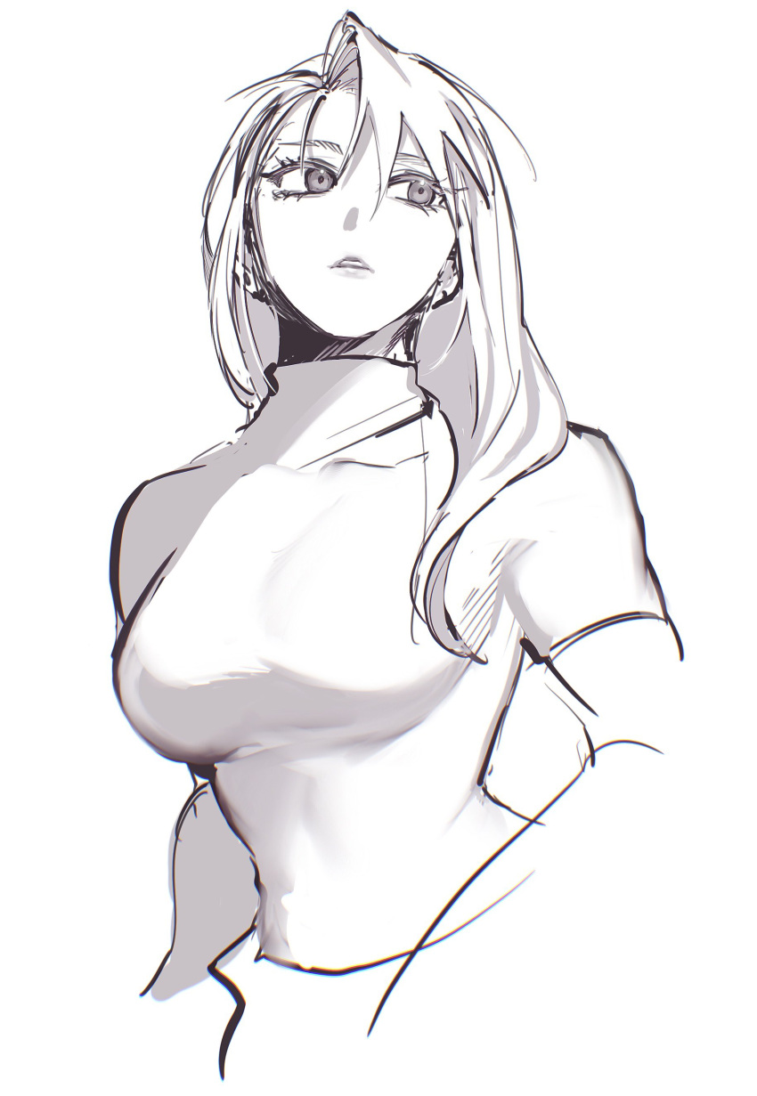 1girl absurdres breasts fullmetal_alchemist greyscale hair_between_eyes hair_down hair_over_shoulder highres large_breasts long_hair looking_to_the_side monochrome ozaki_(tsukiko3) parted_lips riza_hawkeye shirt short_sleeves sketch solo swept_bangs tight_clothes tight_shirt toned turtleneck upper_body white_background