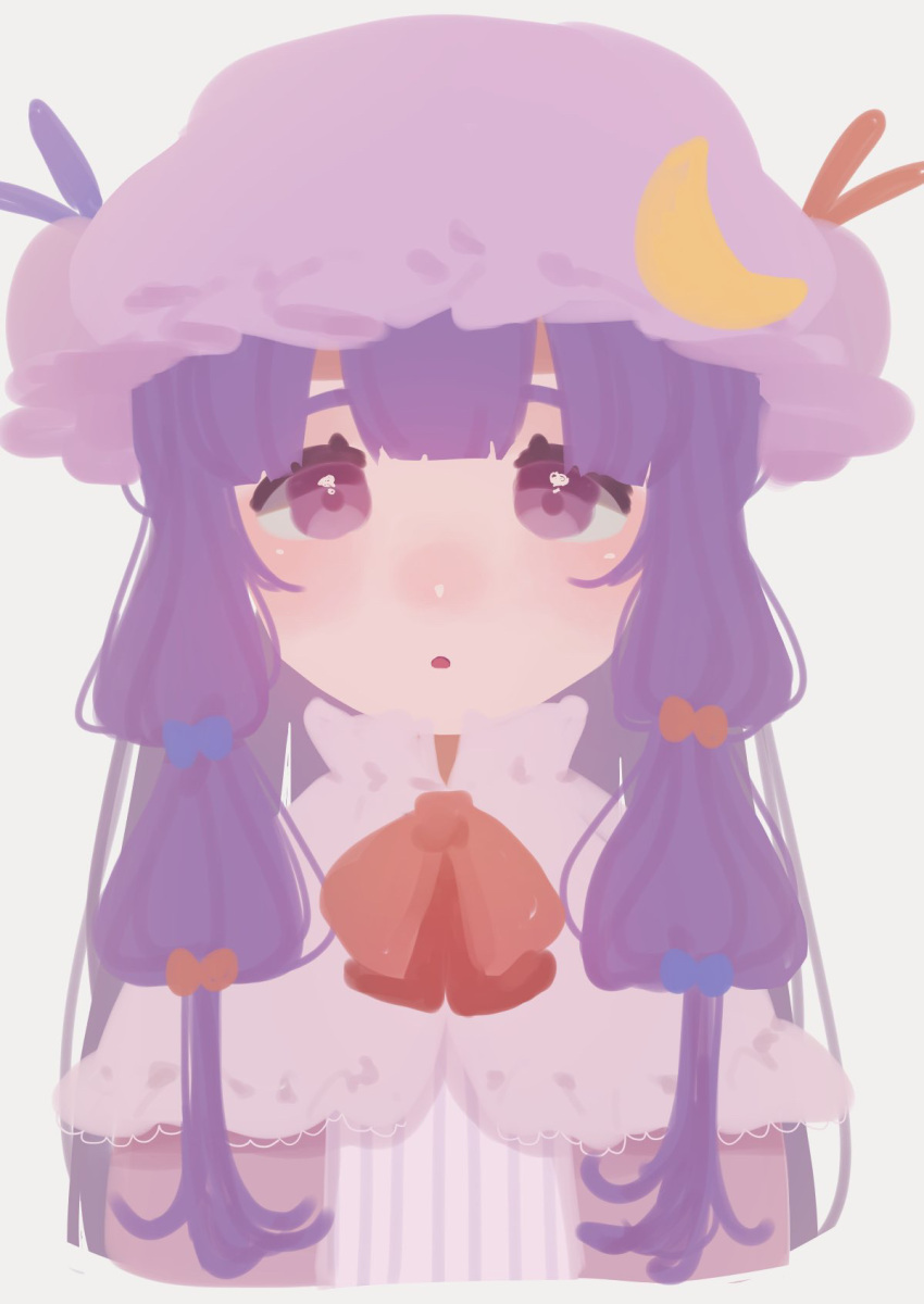 1girl :o blunt_bangs blush capelet commentary_request crescent crescent_hat_ornament cropped_torso hair_ribbon hat hat_ornament highres long_hair looking_at_viewer mob_cap multi-tied_hair nose_blush parted_lips patchouli_knowledge pudding_modoki purple_hair ribbon simple_background solo touhou tress_ribbon upper_body violet_eyes white_background