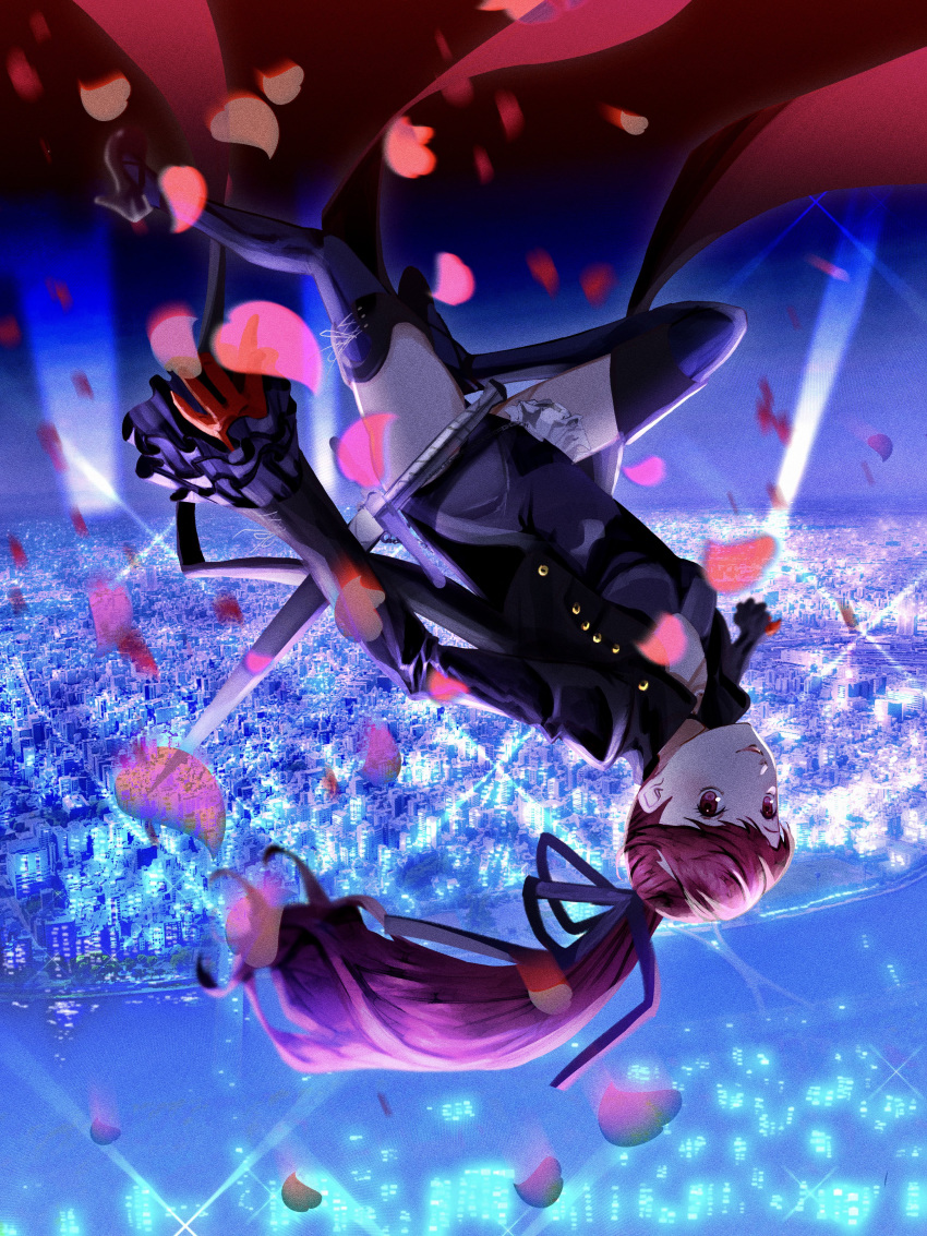 1girl absurdres black_jacket black_leotard bow breasts building city cityscape gloves hair_ribbon highres jacket leotard long_hair long_sleeves looking_at_viewer persona persona_5 persona_5_the_royal ponytail red_eyes red_gloves redhead reonzeee0120 ribbon smile solo thigh-highs upside-down yoshizawa_kasumi
