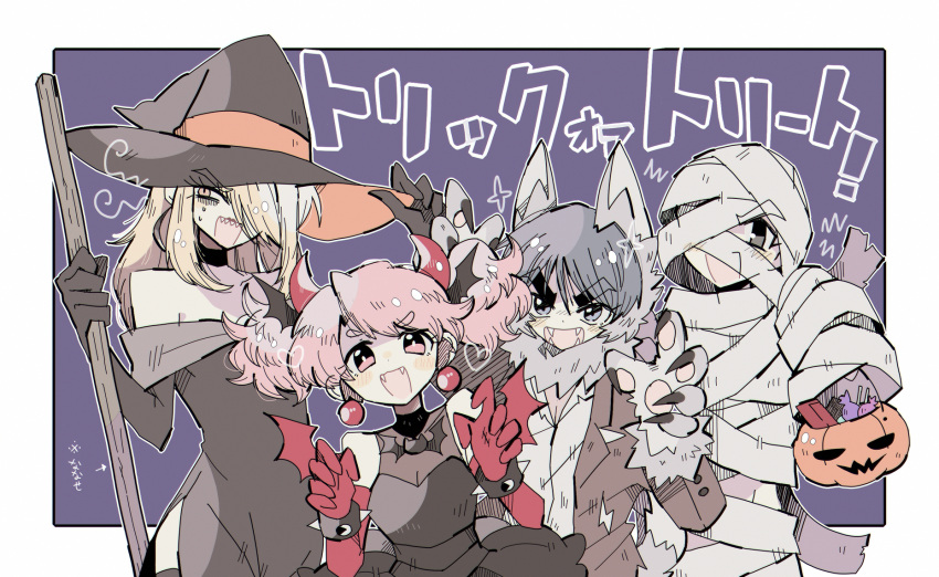 1girl 3boys blonde_hair blue_eyes blue_hair blush broom crossdressing fangs halloween halloween_costume hat highres holding holding_broom kunio-kun_series looking_at_viewer momozono_satomi multiple_boys nanase_(kunio-kun) pink_eyes pink_hair purple_background sugata_(kunio-kun) two_side_up user_dsjg7883 vampire witch_hat