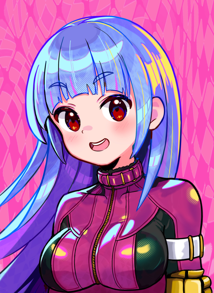 1girl belt blue_hair bodysuit breasts gloves hand_on_own_arm highres kula_diamond long_hair looking_at_viewer medium_breasts pink_background smile the_king_of_fighters turtleneck upper_body user_attv7427 violet_eyes zipper