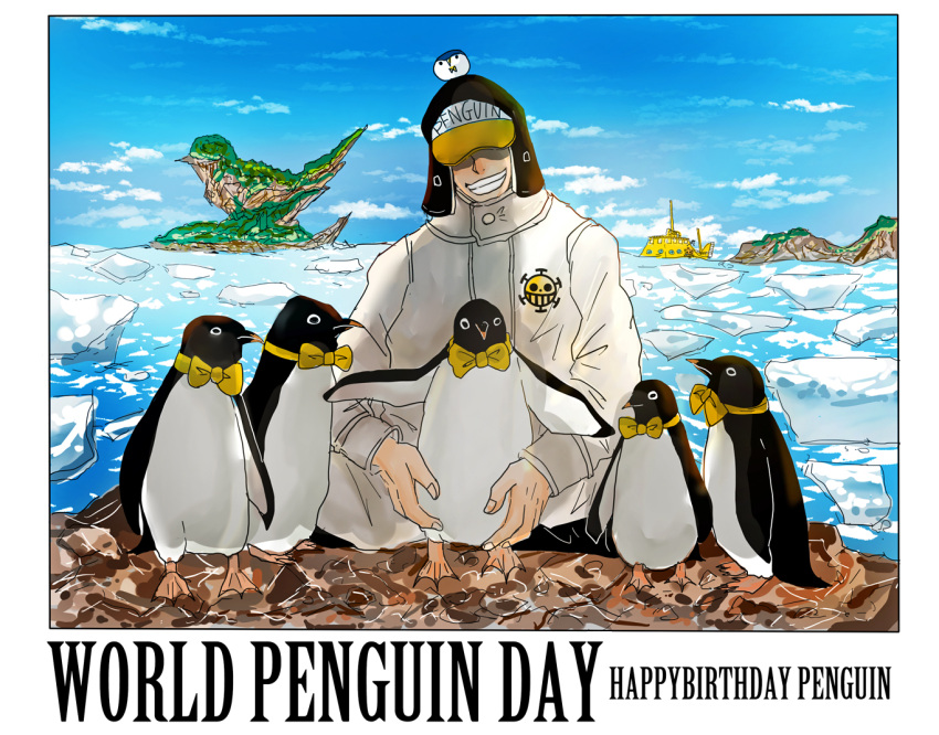 1boy animal_on_head bird blue_sky bodysuit bow character_name clouds cloudy_sky english_text happy_birthday ice nankotsugyorui ocean on_head one_piece penguin penguin_(one_piece) shaded_face sky smile smiley_face squatting submarine swallow_(bird) teeth watercraft white_bodysuit yellow_bow