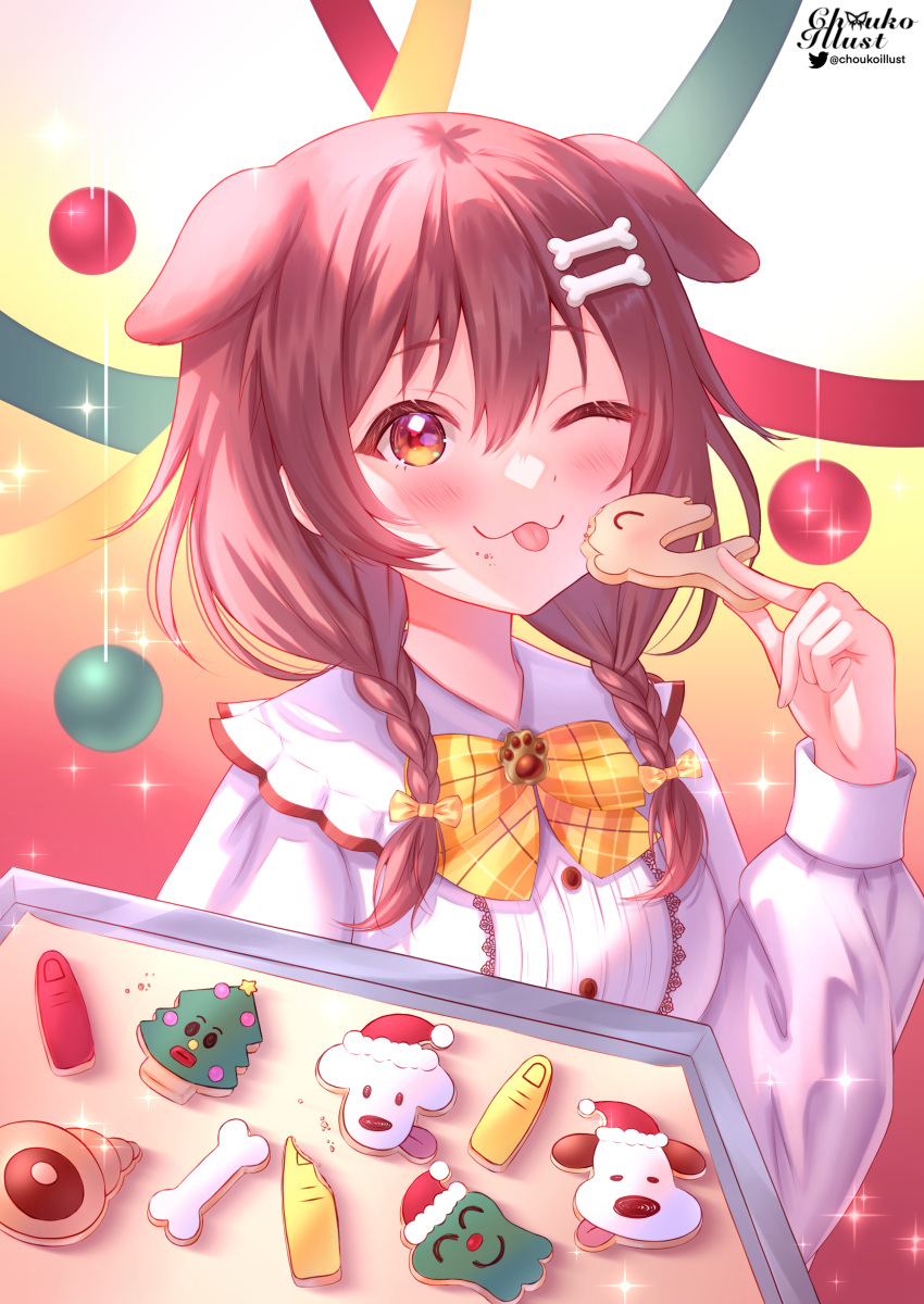 1girl :p absurdres animal_ears blush bone_hair_ornament bow bowtie braid brown_eyes brown_hair character_cookie choukoillust christmas collared_shirt commentary cookie dog_ears english_commentary extra_ears food food_on_face frilled_shirt_collar frills futo-inu hair_between_eyes hair_ornament hairclip highres hololive hoso-inu inugami_korone inugami_korone_(2nd_costume) listener_(inugami_korone) long_hair looking_at_viewer low_twin_braids low_twintails official_alternate_costume shirt signature tongue tongue_out twin_braids twintails virtual_youtuber white_shirt yellow_bow yellow_bowtie yubi_yubi_(inugami_korone)
