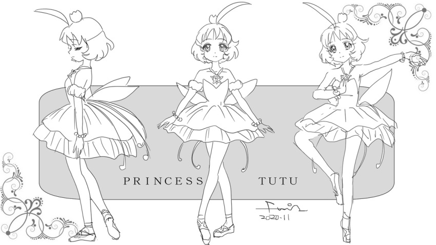 1girl ahiru_(princess_tutu) ahoge ballerina ballet ballet_dress ballet_slippers bare_shoulders character_name closed_mouth detached_sleeves en_pointe from_side full_body fumi-a greyscale jewelry looking_at_viewer monochrome multiple_views necklace princess_tutu princess_tutu_(character) short_hair simple_background sleeveless standing standing_on_one_leg white_background