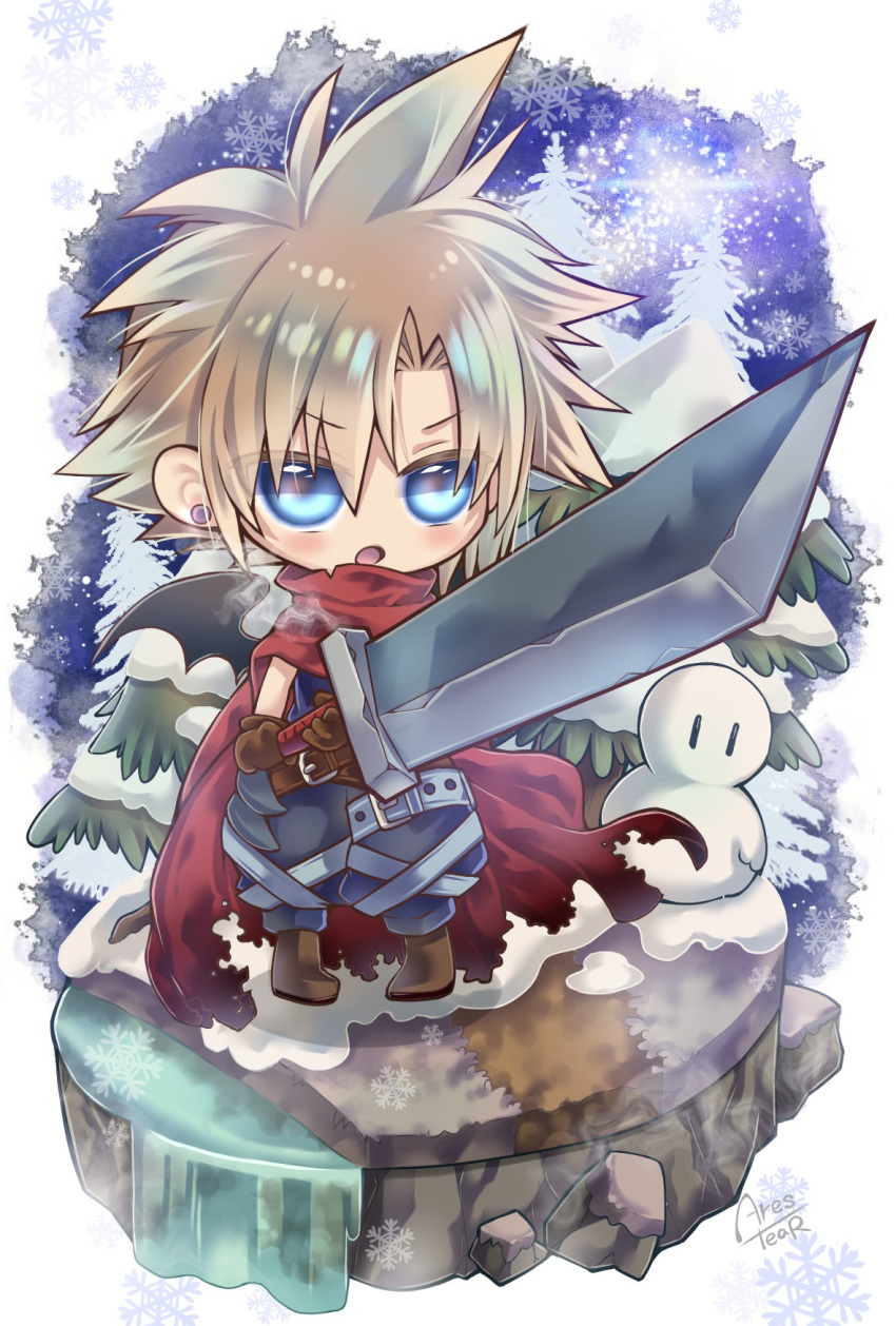 1boy arestear0701 baggy_pants belt blonde_hair blue_eyes blue_pants blue_shirt blush boots brown_footwear brown_gloves buster_sword chibi cloak cloud_strife earrings final_fantasy final_fantasy_vii full_body gloves hair_between_eyes highres holding holding_sword holding_weapon huge_weapon ice jewelry kingdom_hearts male_focus official_alternate_costume open_mouth outdoors pants parted_bangs pine_tree red_cloak shirt short_hair single_earring sleeveless sleeveless_shirt snow snowflakes snowman solo spiky_hair standing sword thigh_belt thigh_strap torn_cloak torn_clothes tree v-shaped_eyebrows weapon