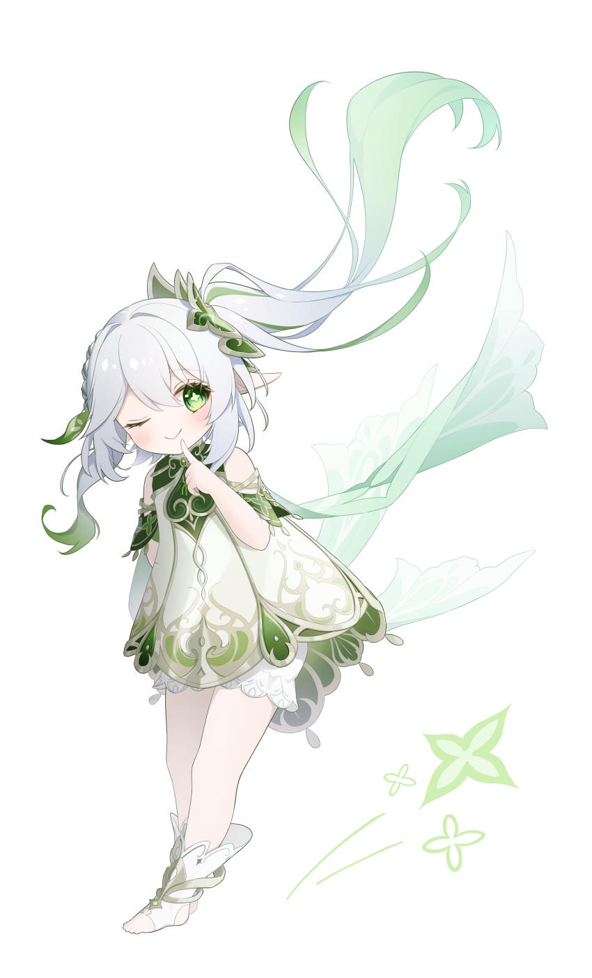 1girl absurdres bloomers braid cape cross-shaped_pupils dress female_child finger_to_mouth full_body genshin_impact gradient_hair green_cape green_eyes green_hair hair_between_eyes hair_ornament highres leaf_hair_ornament long_hair looking_at_viewer multicolored_hair nahida_(genshin_impact) neneko_sleep one_eye_closed pointy_ears side_braid side_ponytail simple_background sleeveless sleeveless_dress smile solo stirrup_footwear symbol-shaped_pupils toeless_footwear underwear white_background white_bloomers white_dress white_footwear white_hair