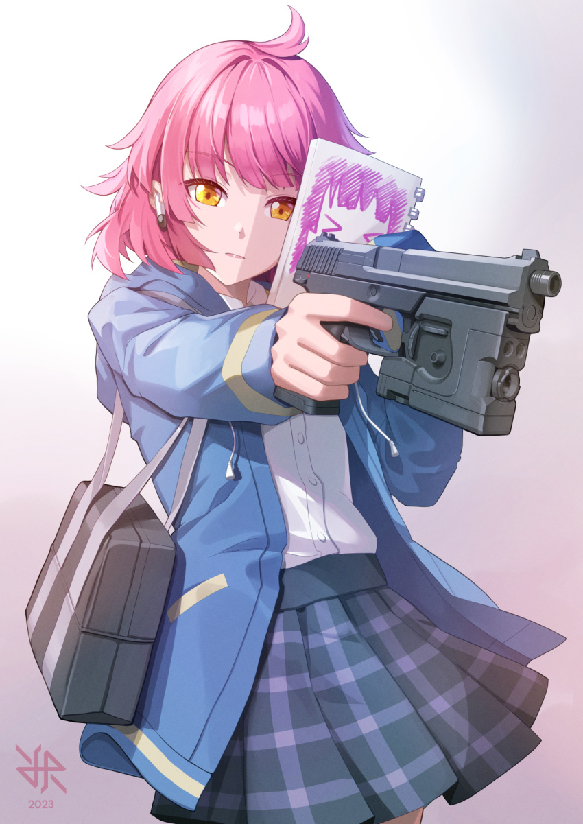 &gt;_&lt; 1girl 2023 ahoge aiming artist_logo bag blue_jacket blue_skirt blunt_bangs blunt_ends buttons collared_shirt commentary cowboy_shot dated drawing earphones earphones english_commentary finger_on_trigger gradient_background grey_background grey_bag gun h&amp;k_usp handgun highres hiroki_ree holding holding_notebook hood hood_down hooded_jacket hoodie jacket laser_sight long_sleeves looking_ahead love_live! notebook open_clothes open_jacket pink_hair plaid plaid_skirt pleated_skirt pocket rina-chan_board school_bag shirt shirt_tucked_in shoulder_bag single_stripe skirt solo striped tennouji_rina weapon white_background white_shirt white_stripes yellow_eyes