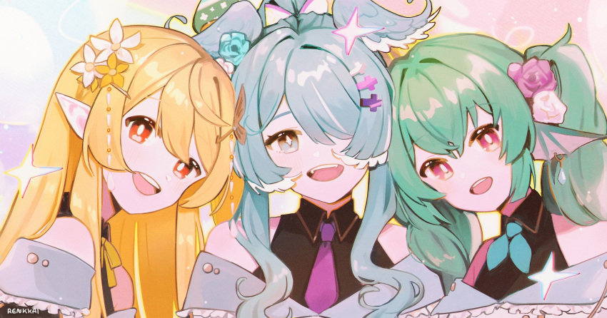 3girls blonde_hair blue_eyes blue_hair blue_neckerchief bow bowtie commentary elira_pendora english_commentary finana_ryugu fins flower green_hair hair_flower hair_ornament hair_over_one_eye hairclip head_fins head_wings highres lazulight long_hair multiple_girls neckerchief necktie nijisanji nijisanji_en off_shoulder open_mouth pink_eyes pointy_ears pomu_rainpuff ponytail purple_flower purple_necktie red_eyes renkkai sidelocks smile twintails wings x_hair_ornament yellow_bow yellow_bowtie