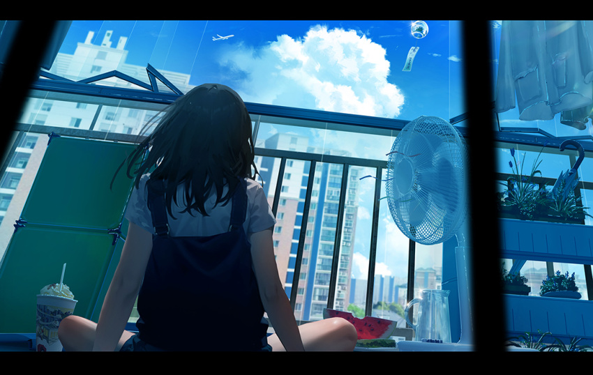 1girl aircraft airplane arm_support balcony blue_sky brown_hair building city clouds contrail electric_fan facing_away food from_behind fruit ice_cream leaning_back long_hair original outdoors pitcher_(container) planter railing refrigerator shirt short_sleeves shorts sky sliding_doors solo spread_legs suspenders umbrella watermelon watermelon_slice white_shirt wind wind_chime xingyue_ling