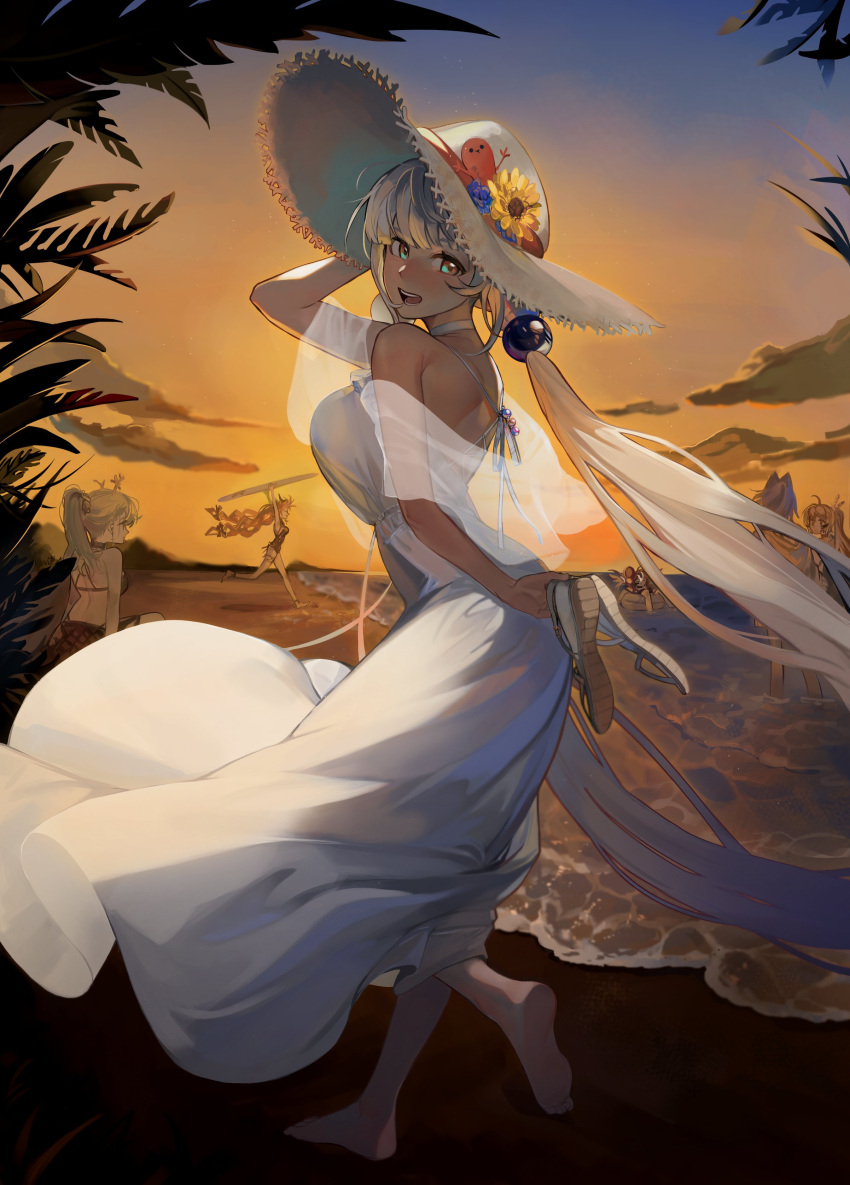 absurdres antlers barefoot beach blonde_hair blue_hair breasts brown_hair ceres_fauna dark-skinned_female dark_skin dress eus_ing feet flower full_body green_hair hair_ornament hakos_baelz hat hat_flower highres hololive hololive_english horns irys_(hololive) large_breasts long_hair looking_at_viewer multiple_girls nanashi_mumei one-piece_swimsuit ouro_kronii planet_hair_ornament redhead sleeveless smile soles straw_hat sundress sunset swimsuit teeth toes tsukumo_sana twintails very_long_hair virtual_youtuber white_dress yatagarasu_(tsukumo_sana) yellow_eyes