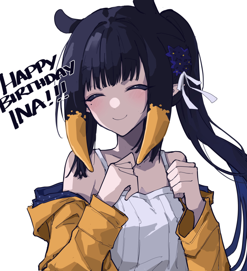 1girl absurdres black_hair blue_coat blunt_bangs blush closed_eyes coat dress english_commentary english_text gradient_hair hair_ribbon happy_birthday highres hololive hololive_english long_hair long_sleeves mentally_deficient mole mole_under_eye multicolored_hair ninomae_ina'nis official_alternate_costume official_alternate_hairstyle orange_hair pointy_ears ponytail raincoat ribbon sidelocks simple_background smile solo spaghetti_strap sundress tentacle_hair two-sided_coat two-tone_coat upper_body violet_(ninomae_ina'nis) virtual_youtuber white_background white_dress white_ribbon yellow_coat yellow_raincoat