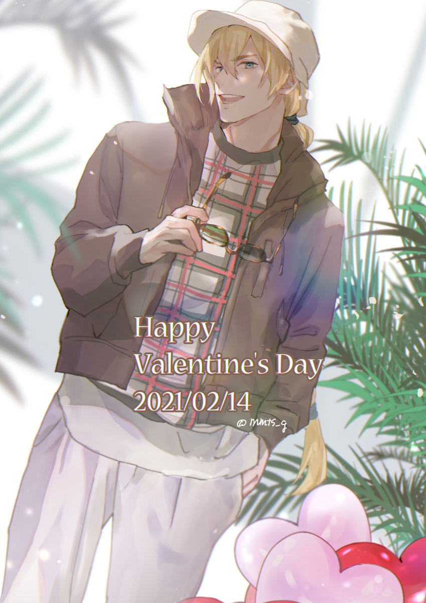 1boy absurdres artist_name blonde_hair blue_eyes brown_jacket dated english_text eyewear_removed hair_between_eyes hand_in_pocket happy_valentine hat highres jacket long_hair long_sleeves looking_at_viewer male_focus mmts_g open_clothes open_jacket open_mouth smile solo teeth terry_bogard the_king_of_fighters the_king_of_fighters_for_girls white_headwear