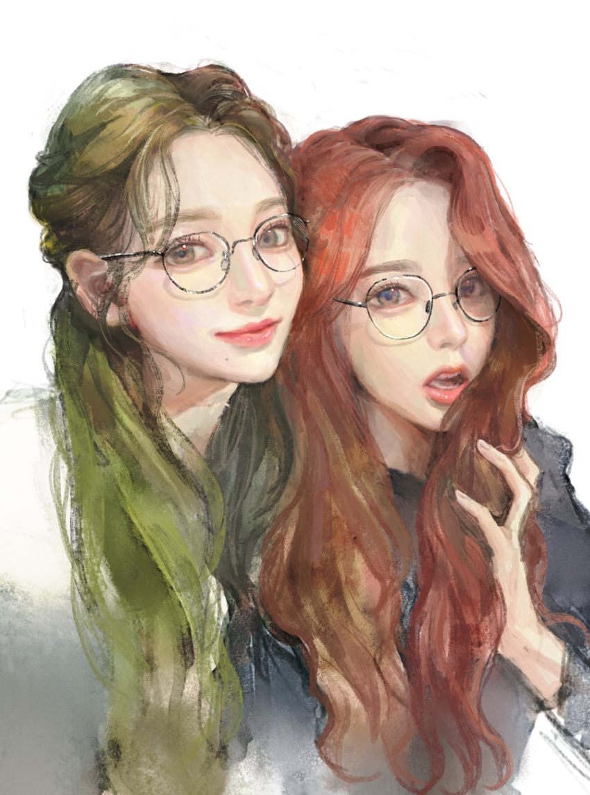 2girls aespa black_sweater bng_(bnnn9) brown_eyes brown_hair giselle_(aespa) hand_in_own_hair highres k-pop karina_(aespa) looking_at_viewer mole mole_under_mouth multiple_girls open_mouth portrait real_life realistic redhead round_eyewear shirt simple_background smile sweater white_background white_shirt