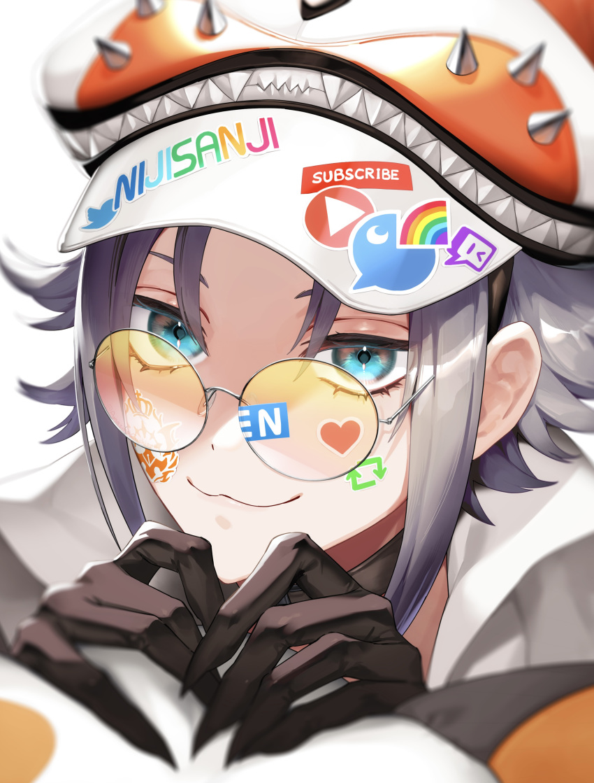 1boy :3 absurdres aqua_eyes arrow_(symbol) black_gloves brown_hair closed_mouth commentary copyright_name eyelashes fingernails glasses gloves hands_up hat heart highres like_and_retweet long_fingernails looking_at_viewer male_focus mysta_rias nijisanji nijisanji_en odoroki_itakotoni_(kaiteki_nakusshon) orange-tinted_eyewear parted_bangs round_eyewear sharp_fingernails short_hair sidelocks smile solo spikes sticker sticker_on_face tinted_eyewear twitch.tv twitch_logo twitter twitter_logo upper_body virtual_youtuber white_headwear youtube