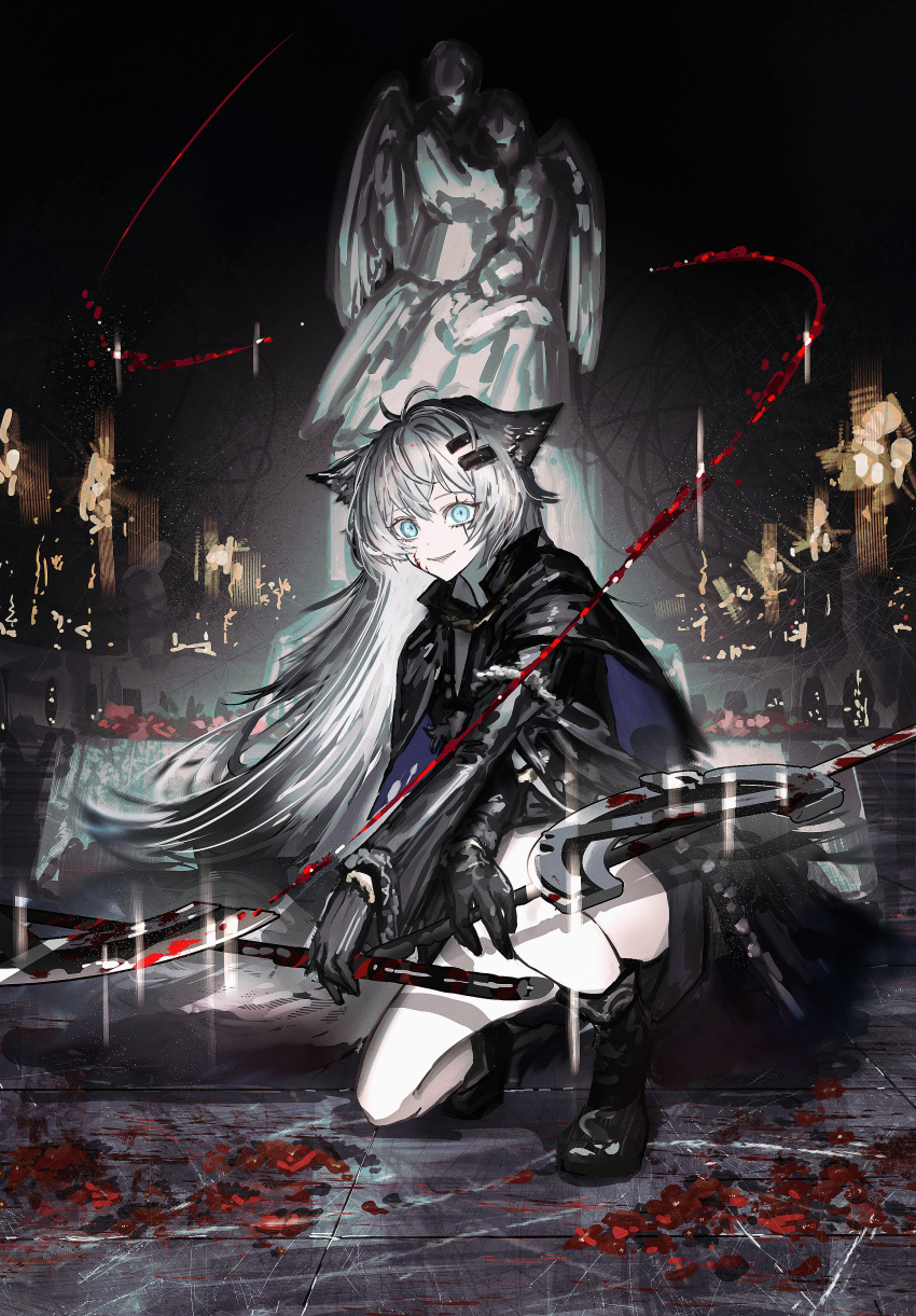 1girl absurdres angel_statue animal_ears arknights black_coat black_footwear black_gloves blood blood_on_face blood_on_ground blue_eyes coat commentary gawako gloves hair_ornament hairclip highres holding holding_sword holding_weapon lappland_(arknights) lappland_(refined_horrormare)_(arknights) light_particles long_hair looking_at_viewer official_alternate_costume on_one_knee open_clothes open_coat parted_lips scar scar_across_eye shorts skyline solo statue sword weapon white_hair wolf_ears
