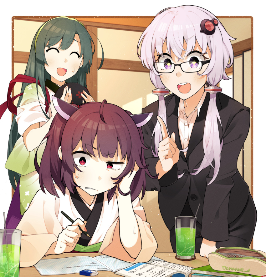 +_+ 3girls ^_^ absurdres ahoge alternate_costume arm_support black_suit blade blush border brown_hair closed_eyes collared_shirt commentary_request commission confused drink drinking_straw formal glasses green_hair grimace hair_ornament hairband hand_on_own_head headgear highres holding holding_pencil holding_tray homework index_finger_raised indoors japanese_clothes kimono konori_(ahurerukuiizi) leaning_forward leaning_on_table light_purple_hair long_hair looking_at_another multiple_girls nervous nervous_smile notebook open_mouth outside_border pencil pencil_case popped_collar raised_eyebrow red_eyes shirt short_hair short_hair_with_long_locks skeb_commission smile suit sweat sweatdrop table tasuki textbook touhoku_kiritan touhoku_zunko tray tutor twintails uneven_eyes v-shaped_eyebrows violet_eyes vocaloid voiceroid white_border white_kimono white_shirt wide_sleeves yellow_hairband yuzuki_yukari