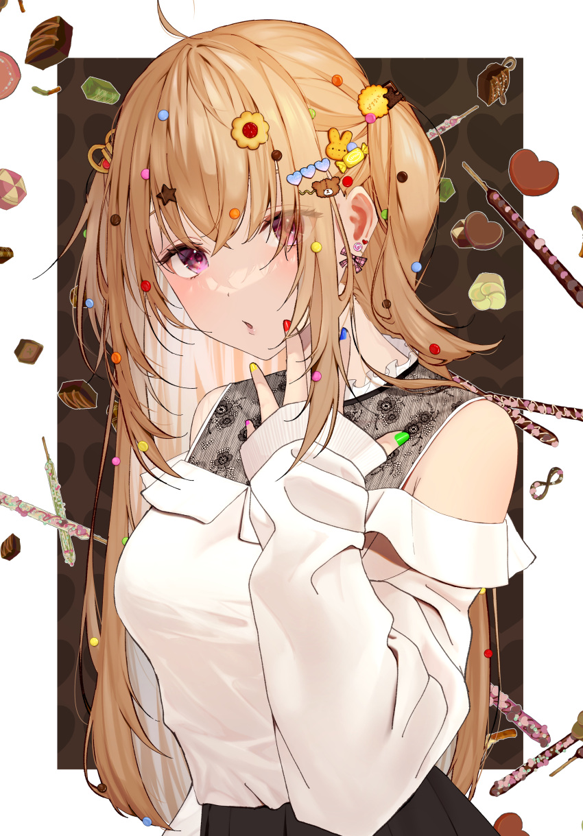 1girl absurdres black_skirt border breasts brown_background brown_hair candy candy_hair_ornament chocolate earrings food food-themed_hair_ornament frills hair_ornament heart heart-shaped_chocolate heart_background highres jewelry kome_ko long_hair long_sleeves looking_at_viewer medium_breasts nail_polish off-shoulder_shirt off_shoulder open_mouth original pleated_skirt shirt skirt sleeves_past_wrists solo two_side_up undershirt upper_body valentine violet_eyes white_border white_shirt