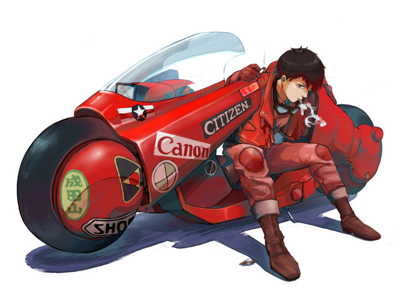 1boy akira biker_clothes black_eyes blowing_smoke boots brown_footwear brown_hair bumper_sticker canon_(company) cigarette gloves goggles goggles_around_neck highres holding holding_cigarette jacket kaneda_shoutarou's_bike kaneda_shoutarou_(akira) looking_at_viewer motor_vehicle motorcycle pants red_gloves red_jacket red_pants red_shirt shirt short_hair sitting smoking solo sticker uohara_shinji white_background