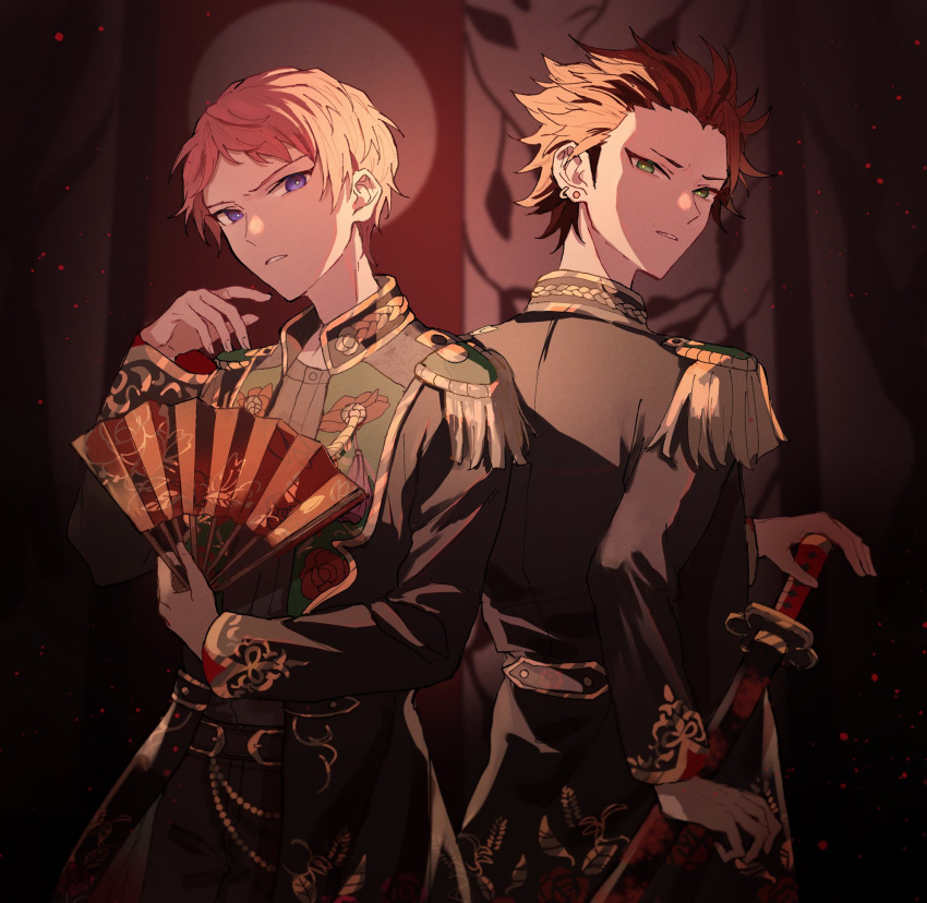 2boys black_hair collared_shirt commentary_request earrings ensemble_stars! epaulettes folding_fan green_eyes hand_fan highres holding holding_fan itsuki_shu jewelry katana kiryu_kuro long_sleeves looking_at_viewer male_focus multicolored_hair multiple_boys official_alternate_costume pink_hair redhead shirt short_hair streaked_hair sword violet_eyes weapon wednesday_108