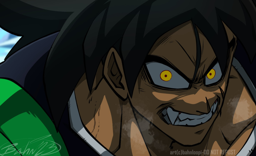 1boy anger_vein bahnloopi berserker_rage breath broly_(dragon_ball_super) clenched_teeth close-up cold crazy_eyes crazy_smile dark-skinned_male dark_skin dragon_ball dragon_ball_super dragon_ball_super_broly fangs frown glowing glowing_eyes highres male_focus saiyan_armor scar scar_on_cheek scar_on_face solo spiky_hair teeth veiny_neck yellow_eyes