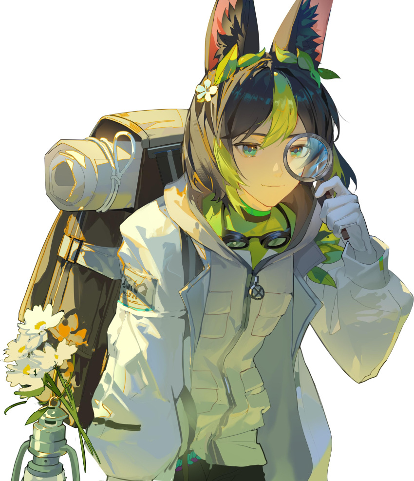 1boy absurdres animal_ear_fluff animal_ears bag black_bag black_hair black_pants blue_eyes blunt_ends closed_mouth coat collared_coat covered_collarbone flower fox_boy fox_ears genshin_impact gloves goggles goggles_around_neck green_hair green_shirt hair_between_eyes hair_flower hair_ornament hand_up highres holding holding_magnifying_glass hood hooded_vest hoodie leaf leaf_hair_ornament leleyoukuailele long_sleeves looking_to_the_side magnifying_glass male_focus multicolored_hair official_alternate_costume open_clothes open_coat pants paper pocket puffy_long_sleeves puffy_sleeves shirt short_hair simple_background smile solo standing tighnari_(genshin_impact) tighnari_(kiehls')_(genshin_impact) two-tone_hair vest white_background white_coat white_flower white_gloves white_vest zipper