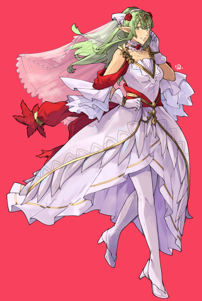 1girl absurdres breasts bridal_veil commentary detached_collar dress english_commentary fire_emblem fire_emblem_awakening fire_emblem_heroes floating_hair full_body gloves green_eyes green_hair grin high_heels highres legs long_hair medium_breasts official_alternate_costume pantyhose pointy_ears red_background sakuremi simple_background smile solo tiki_(adult)_(bridal)_(fire_emblem) tiki_(adult)_(fire_emblem) tiki_(fire_emblem) veil wedding_dress white_dress white_footwear white_gloves white_pantyhose