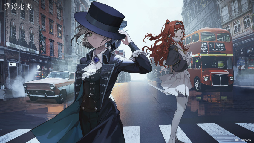 2girls black_coat blonde_hair brooch building bus car coat double-decker_bus dress fog formal frilled_dress frills green_eyes hat highres jewelry london motor_vehicle multiple_girls official_art outdoors redhead reflection reverse:1999 road sonneto_(reverse:1999) standing steam street suit thigh-highs tuxedo vertin_(reverse:1999) white_thighhighs yellow_eyes yetecong