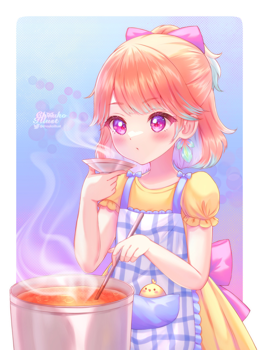 1girl absurdres aged_down apron back_bow blue_apron blue_hair blush bow choukoillust colored_inner_hair colored_tips commentary cooking cooking_pot dress earrings english_commentary feather_earrings feathers gingham_apron highres hololive hololive_english jewelry kfp_employee_(takanashi_kiara) multicolored_hair orange_hair puffy_short_sleeves puffy_sleeves short_sleeves signature solo takanashi_kiara violet_eyes virtual_youtuber yellow_dress