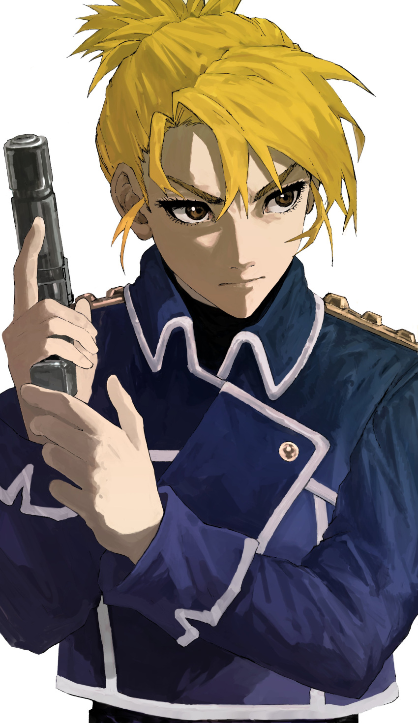 1girl absurdres black_shirt blonde_hair blue_jacket brown_eyes closed_mouth fighting_stance fullmetal_alchemist gun hair_between_eyes handgun highres holding holding_gun holding_weapon jacket long_sleeves looking_to_the_side military military_jacket military_uniform my_nameisyoon riza_hawkeye shirt solo swept_bangs turtleneck uniform updo upper_body v-shaped_eyebrows weapon white_background