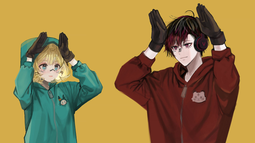 1boy 1girl black_hair blonde_hair blue_eyes brown_gloves facial_mark gloves gradient_hair green_hoodie highres hood hood_up hoodie matryoshka_(vocaloid) millie_parfait multicolored_hair nijisanji nijisanji_en nyamyu_(nyamyuring) pink_eyes pink_hair red_hoodie short_hair simple_background smile ver_vermillion virtual_youtuber yellow_background zipper