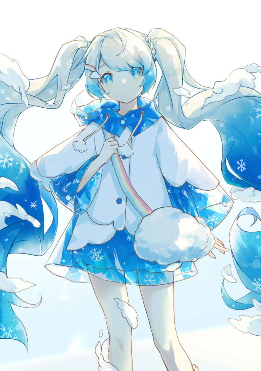 1girl absurdres bag blue_eyes blue_hair closed_mouth cloud_print clouds dress gradient_hair hatsune_miku highres long_sleeves multicolored_hair print_hair rainbow_hair_ornament rainbow_print raincoat simple_background snowflake_print solo twintails vocaloid white_background white_dress white_hair wide_sleeves yohki yuki_miku