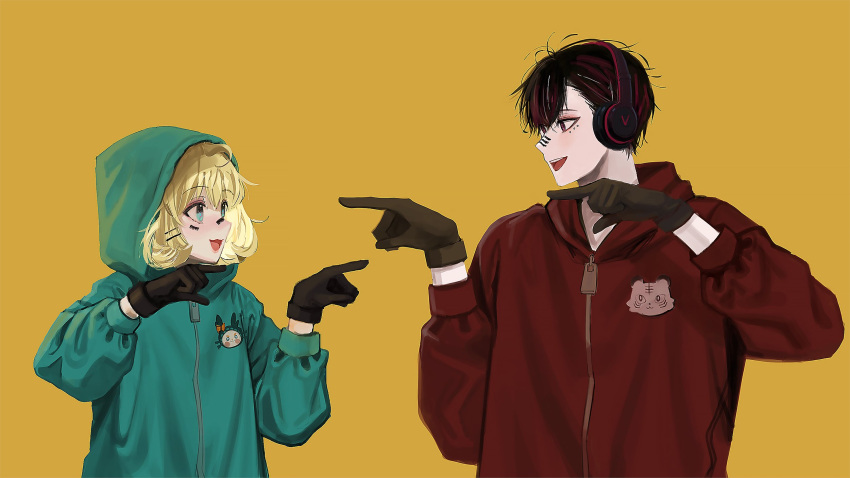 1boy 1girl black_hair blonde_hair blue_eyes brown_gloves facial_mark gloves gradient_hair green_hoodie headphones highres hood hood_up hoodie matryoshka_(vocaloid) millie_parfait multicolored_hair nijisanji nijisanji_en nyamyu_(nyamyuring) pink_eyes pink_hair red_hoodie short_hair simple_background smile ver_vermillion yellow_background zipper