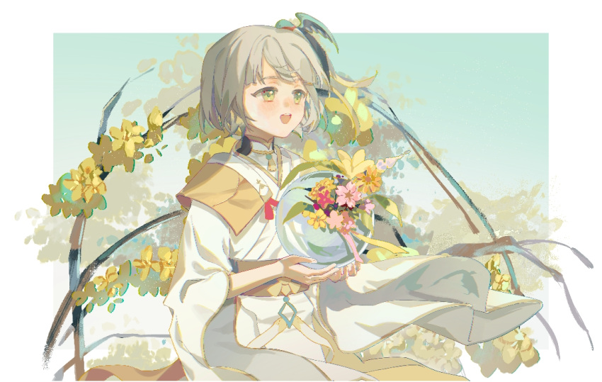 1boy androgynous animal_on_head bingzhen_yugao bird bird_on_head blush border bug butterfly chinese_clothes facing_to_the_side flower green_eyes light_brown_hair looking_ahead male_child male_focus on_head open_mouth smile solo spring_roll_(the_tale_of_food) the_tale_of_food white_border yellow_flower