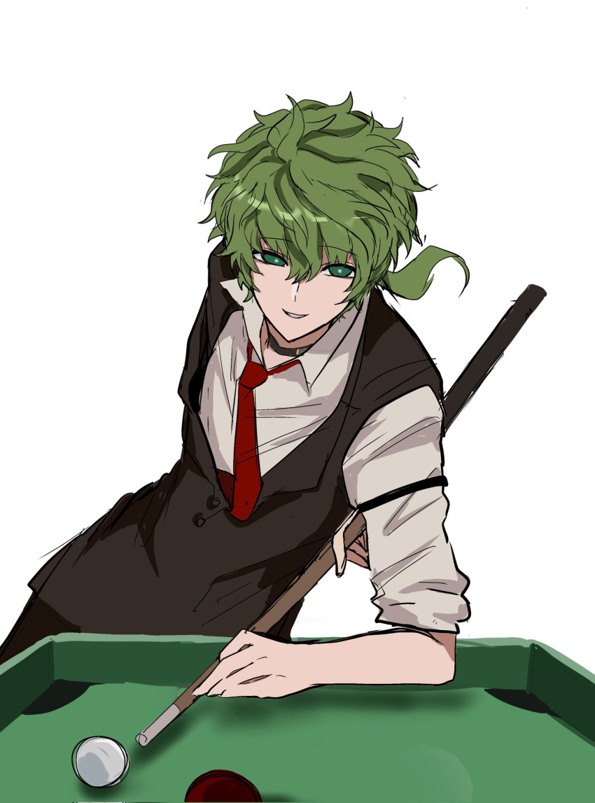 1boy arm_strap ball billiard_ball black_choker black_vest choker cue_stick green_eyes green_hair highres jacob_l221 kimi_ga_shine leaning_to_the_side long_sleeves midori_(kimi_ga_shine) necktie red_necktie shirt short_ponytail simple_background solo upper_body vest white_background white_shirt