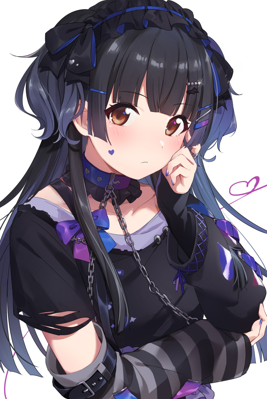 1girl belt_collar black_hair brown_eyes collar commentary_request detached_sleeves hair_ornament hairclip headdress highres idolmaster idolmaster_shiny_colors knokzm long_hair looking_at_viewer mayuzumi_fuyuko nail_polish purple_nails sleeves_past_wrists solo two_side_up upper_body white_background