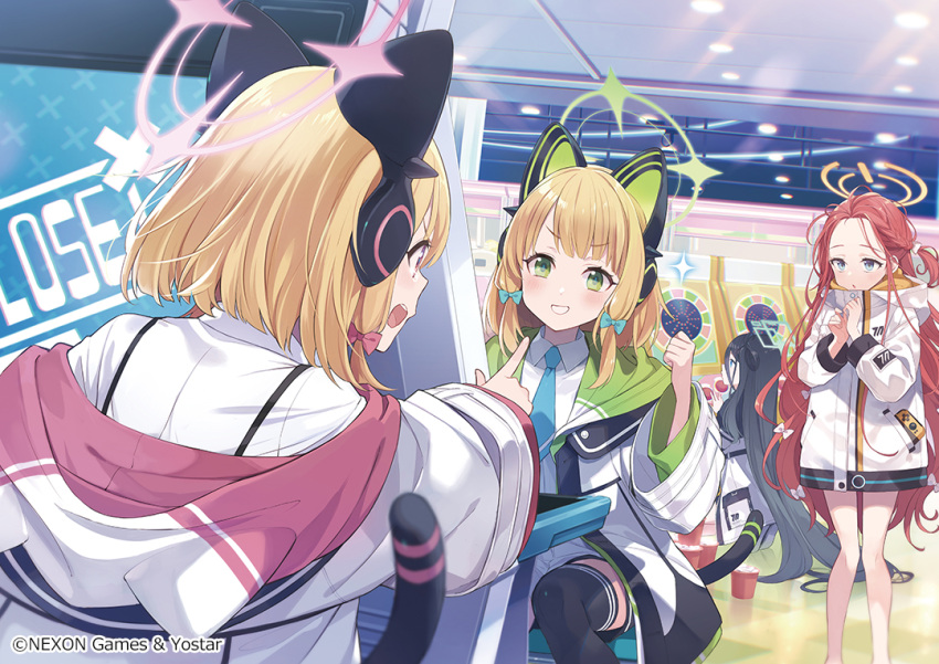 4girls animal_ear_headphones animal_ears animal_hood aris_(blue_archive) black_hair black_shorts black_thighhighs blonde_hair blue_archive blue_eyes blue_necktie cat_ears cat_hood clenched_hand collared_shirt commentary_request dress_shirt fake_animal_ears feet_out_of_frame forehead game_development_department_(blue_archive) green_eyes grin hair_between_eyes halo hand_up headphones hood hood_down hooded_jacket indoors jacket long_hair midori_(blue_archive) momoi_(blue_archive) multiple_girls necktie official_art one_side_up pointing power_symbol profile redhead shirt shorts siblings sisters sitting smile thigh-highs twins v-shaped_eyebrows very_long_hair white_jacket white_shirt yuko_(uc_yuk) yuzu_(blue_archive)