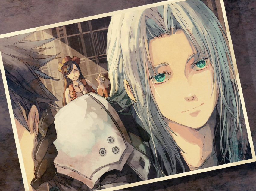 1girl 2boys aqua_eyes armor black_gloves black_hair black_jacket bombyxmori_ckr brown_vest closed_eyes cowboy_hat crisis_core_final_fantasy_vii final_fantasy final_fantasy_vii gloves grey_hair hat highres jacket long_bangs long_hair looking_at_viewer multiple_boys nervous_smile outdoors parted_bangs photo_(object) sephiroth shoulder_armor smile swept_bangs tifa_lockhart upper_body vest zack_fair