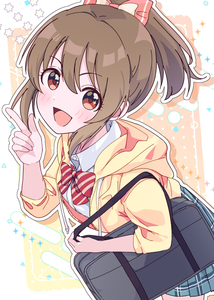 1girl absurdres bag blue_skirt blush bow bowtie breasts brown_eyes brown_hair dot_nose from_side gradient_background grid_background hair_ribbon hand_up high_ponytail highres holding holding_bag hood hood_down hoodie hori_yuko idolmaster idolmaster_cinderella_girls idolmaster_cinderella_girls_starlight_stage imakooo5 index_finger_raised long_hair long_sleeves looking_at_viewer medium_breasts multicolored_background open_clothes open_hoodie open_mouth orange_background plaid plaid_skirt pleated_skirt polka_dot polka_dot_background ponytail red_bow red_bowtie red_ribbon ribbon school_uniform shirt skirt smile solo star_(symbol) striped striped_bow striped_bowtie white_background white_shirt yellow_background yellow_hoodie
