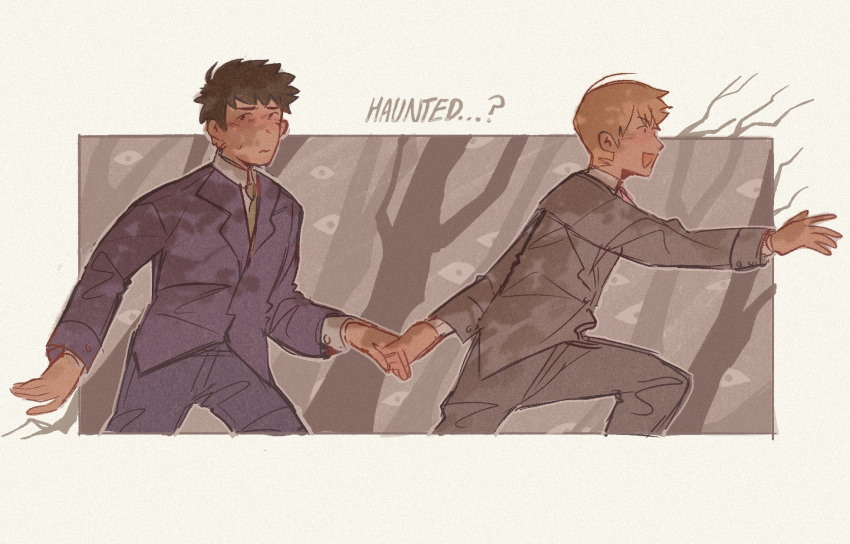 2boys blonde_hair brown_hair closed_mouth commentary english_commentary english_text formal grey_suit highres holding_hands long_sleeves male_focus mob_psycho_100 mp100days multiple_boys necktie open_mouth pants reigen_arataka running serizawa_katsuya short_hair smile suit suit_jacket tree