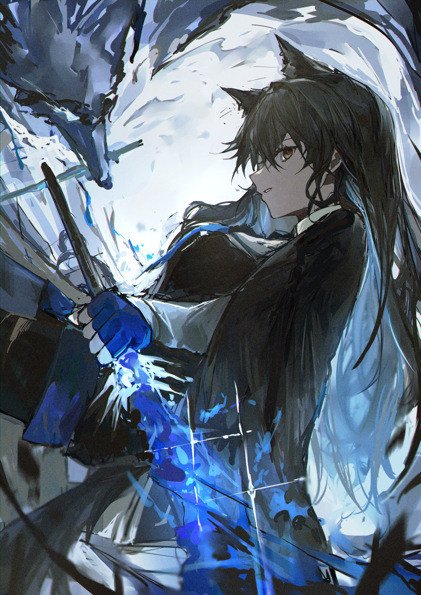 1girl absurdres animal_ears arknights black_coat black_hair black_pantyhose black_vest blue_fire blue_gloves blue_necktie blue_shorts coat coat_on_shoulders collared_shirt fingerless_gloves fire flaming_sword flaming_weapon gloves highres holding holding_sword holding_weapon long_hair necktie orange_eyes pantyhose parted_lips shirt shorts solo sudadachi sword tail texas_(arknights) texas_the_omertosa_(arknights) vest weapon white_shirt wolf_ears wolf_girl wolf_tail