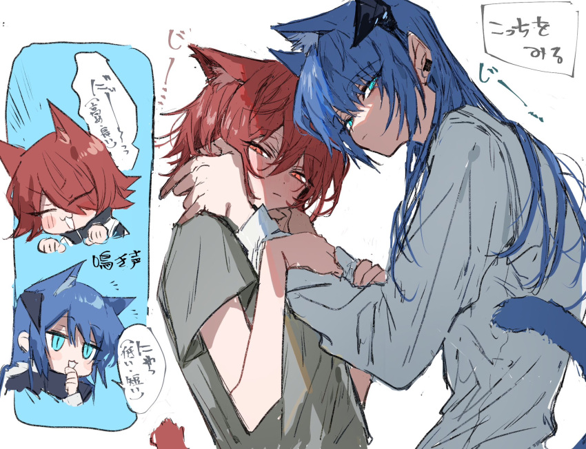 2girls :3 animal_ears arknights blue_eyes blue_hair blush cat_ears cat_girl cat_tail closed_eyes closed_mouth commentary demon_horns earclip exusiai_(arknights) grey_shirt hair_between_eyes hands_on_another's_cheeks hands_on_another's_face highres horns kemonomimi_mode long_hair mostima_(arknights) multiple_girls na_tarapisu153 parted_lips red_eyes redhead shirt short_hair short_sleeves sidelocks smug tail translation_request white_shirt yuri