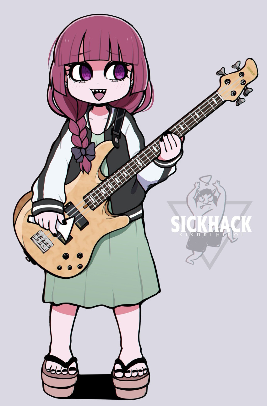 1girl :d black_bow black_jacket black_nails blunt_bangs bocchi_the_rock! bow dot_nose dress full_body geta green_dress grey_background guitar hair_bow hair_over_shoulder highres hiroi_kikuri holding holding_instrument instrument jacket jersey light_blush long_hair long_sleeves medium_dress open_mouth purple_hair ringed_eyes sharp_teeth simple_background smile solo standing teeth toman_rock violet_eyes