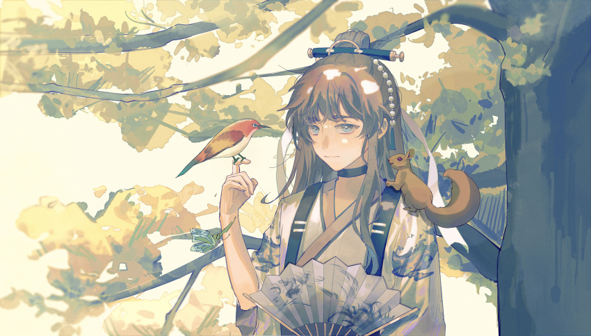 1boy absurdres androgynous animal_on_shoulder bingzhen_yugao bird bird_on_hand bishounen black_choker blue_eyes brown_hair chinese_clothes choker closed_mouth hair_bun half_updo hand_fan highres leaf looking_at_viewer male_focus male_master_(the_tale_of_food) smile solo squirrel the_tale_of_food tree