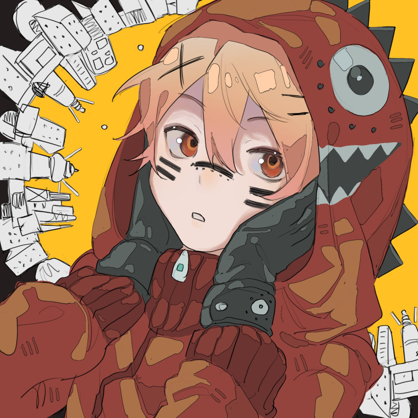 1boy black_gloves blonde_hair facepaint gloves highres hood hood_up hoodie looking_to_the_side matryoshka_(vocaloid) mizu_nanaki parted_lips project_sekai red_eyes red_hoodie simple_background solo tenma_tsukasa upper_body yellow_background