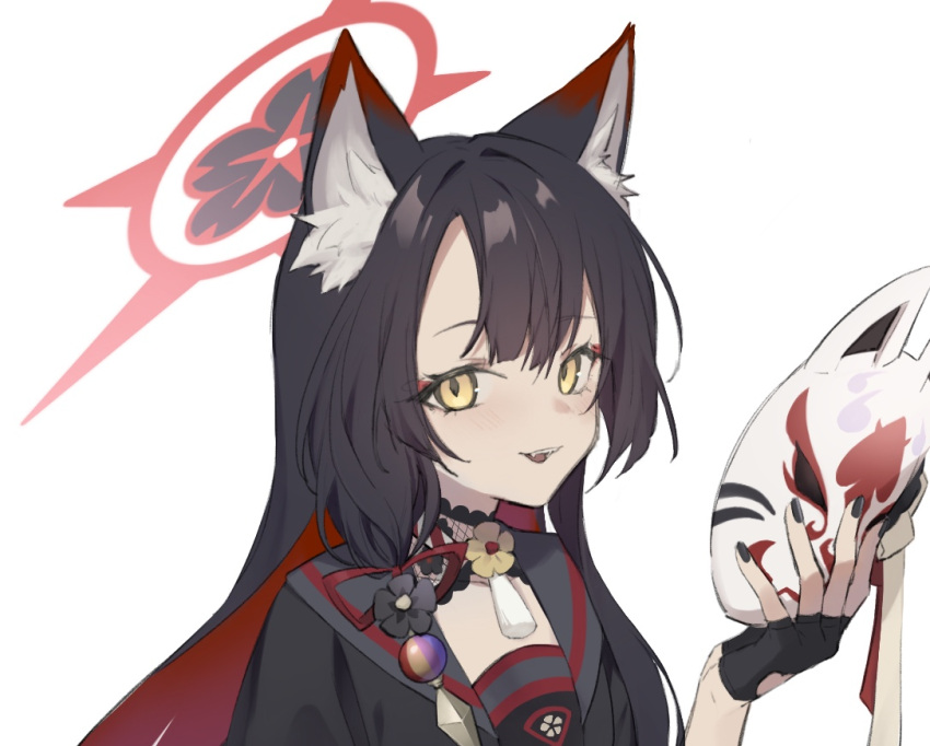 1girl animal_ear_fluff animal_ears black_gloves black_hair black_nails blue_archive colored_inner_hair fangs fingerless_gloves flower flower_brooch fox_ears fox_girl fox_mask from_side gloves hair_between_eyes hair_flower hair_ornament hair_ribbon hakuhatsu halo holding holding_mask japanese_clothes long_hair looking_at_viewer mask multicolored_hair parted_lips portrait red_ribbon redhead ribbon simple_background smile solo two-tone_hair wakamo_(blue_archive) white_background yellow_eyes