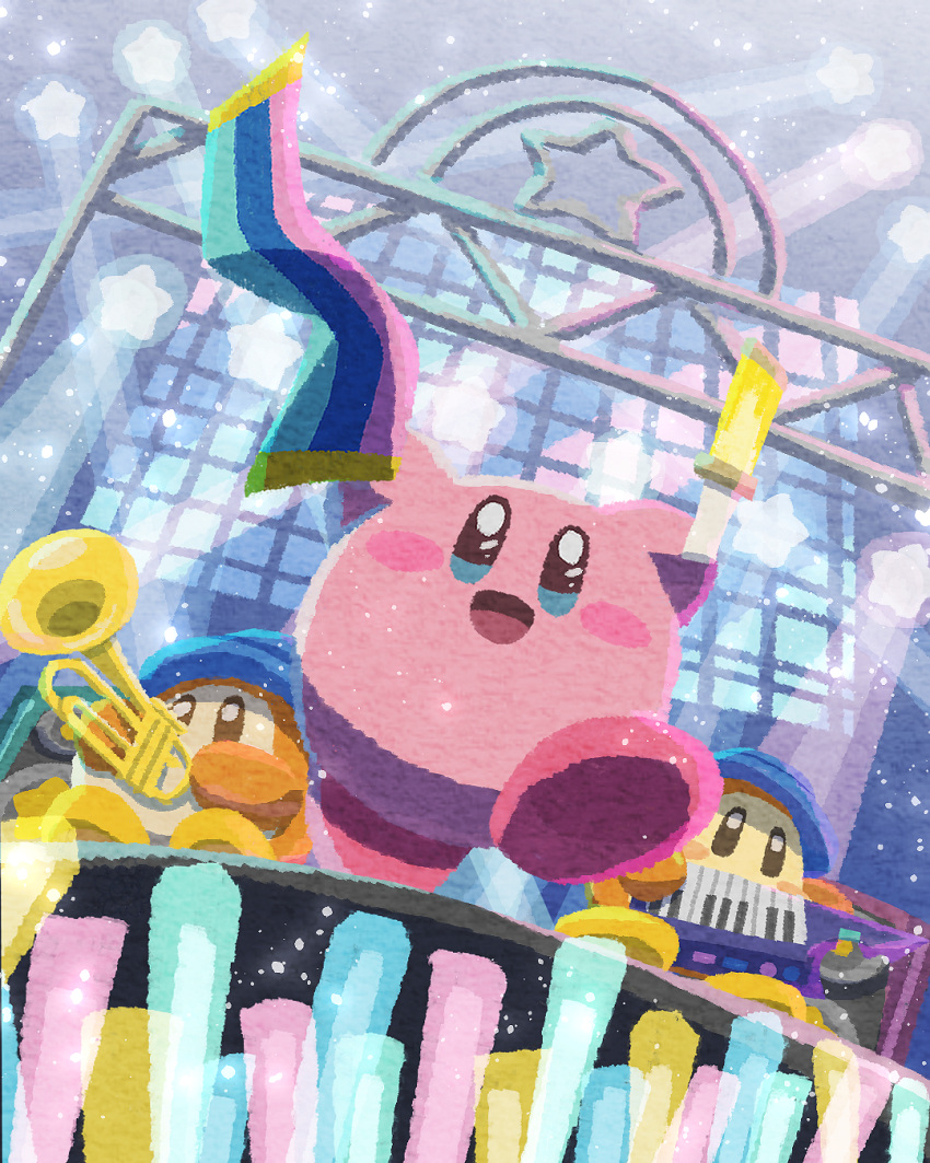 blue_headwear blush_stickers colored_skin concert from_below glowstick highres holding_glowstick instrument keyboard_(instrument) kirby kirby_(series) kirby_30th_anniversary_music_festival miclot no_humans open_mouth pink_skin smile solid_oval_eyes stage stage_lights star_(symbol) trumpet waddle_dee